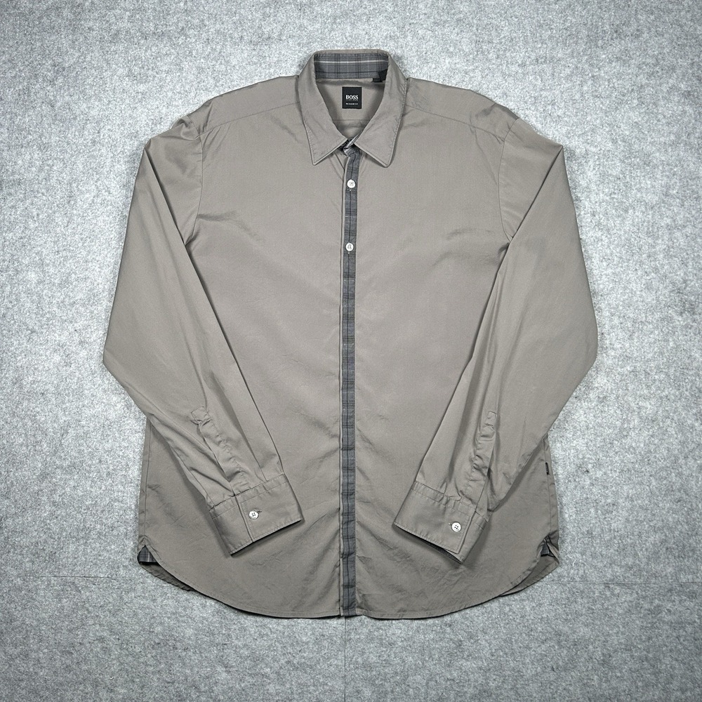 Hugo Boss Button Down Shirt Men's Size Large Grey‎ Flannel Detailed Preppy